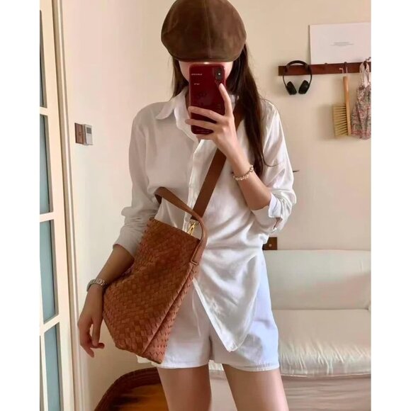 Chic Braided Leather Tote Bag with Woven Details - Versatile Suede Shoulder Bag - Picture 2 of 6